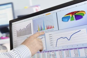 Datenanalyse auf einem Computerbildschirm mit Balkendiagrammen, Liniendiagrammen und einem Tortendiagramm, wobei der Schwerpunkt auf Trends und numerischen Ergebnissen liegt.
