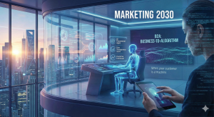 Futuristisches Bild, das das Marketing im Jahr 2030 zeigt, in dem ein Fachmann mit einem Hologramm eines Kunden interagiert. Konzepte wie B2A (Business-to-Algorithm), Datentransparenz und vorausschauendes Fulfillment werden vor einer städtischen Kulisse bei Sonnenuntergang hervorgehoben.