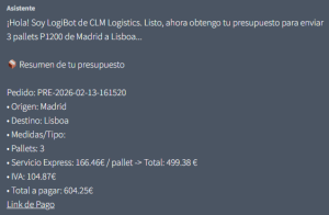 Resumen de presupuesto de envío de 3 pallets P1200 desde Madrid a Lisboa, con detalles de costos y link de pago.