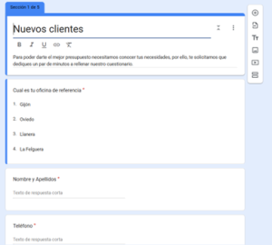 Formulario de registro para nuevos clientes con secciones para seleccionar la oficina de referencia y proporcionar datos personales como nombre y teléfono.