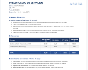 Budget proposal for accounting and fiscal services, including details on service scope, fees, and payment conditions. Document features header "Presupuesto de Servicios" with client information and itemized pricing structure.